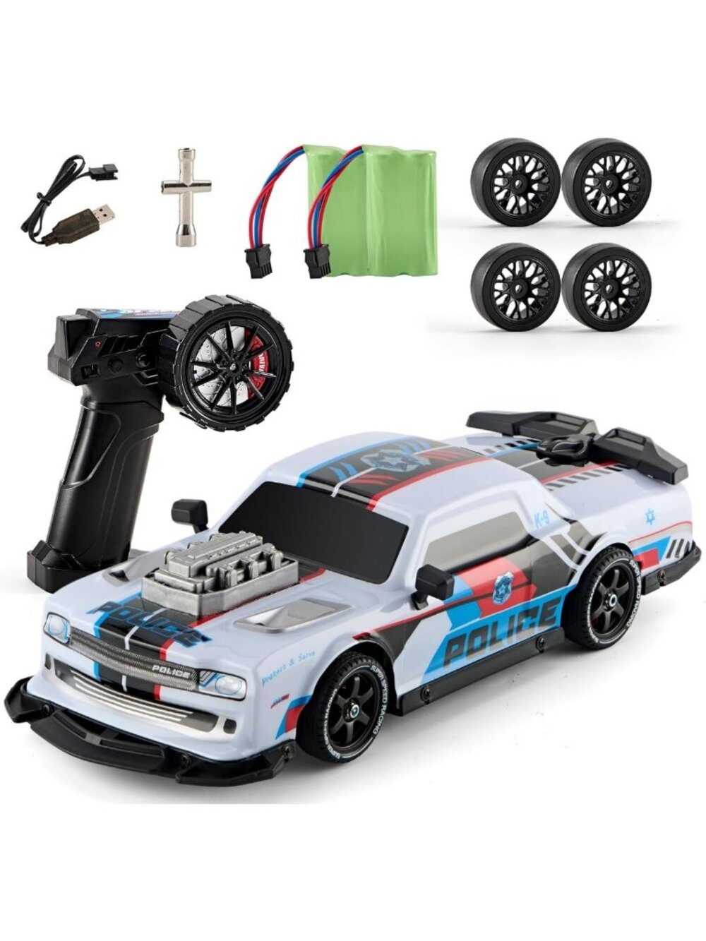 1:16 Scale RC Police Drift Car with LED Lights, Rechargeable Battery & Extra